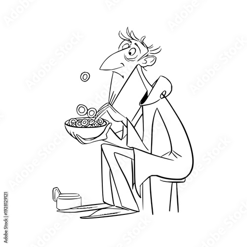 Man holding bowl of coins at desk businessman cartoon illustration line art
