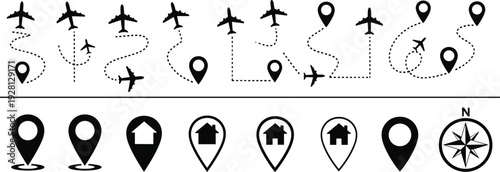 Airplane flight path and location pin icons navigation travel map vector illustration isolated collection set