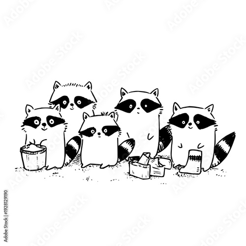 Raccoons rummage trash cans vector illustration racoon garbage black and white