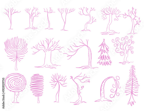 Abstract hand drawn tree doodle collection, minimalist pink whimsical forest sketches line art nature element set