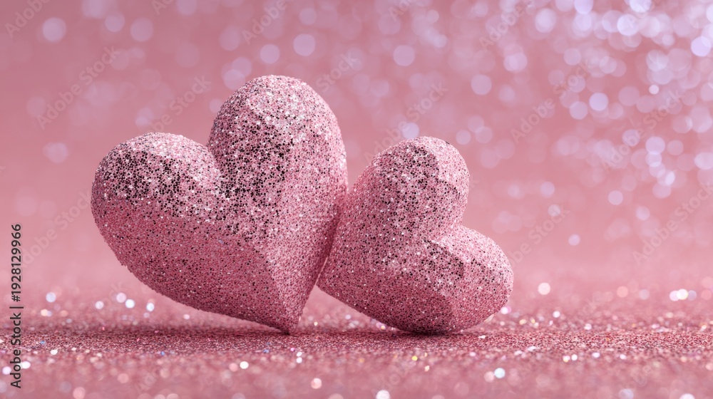 Obraz premium Romantic love theme for Valentines Day. Two pink glittery hearts on a shimmering pink background, creating a festive and celebratory atmosphere.
