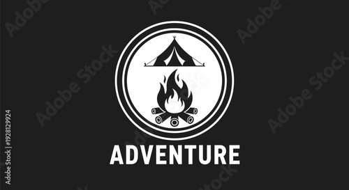 Adventure themed emblem with tent and campfire in a circular design.