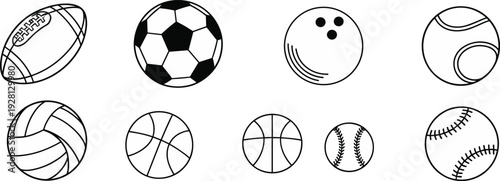 Sports Balls Line Icons Set Featuring Football, Soccer Ball, Basketball, Baseball, Tennis Ball, Volleyball, Bowling Ball, and Athletic Equipment Vector Illustration Collection