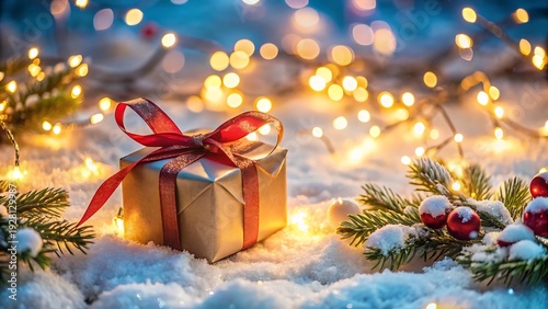 Wallpaper Mural Christmas Gift Box On Snow With Festive Lights Torontodigital.ca