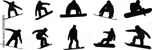 Dynamic Silhouettes of Snowboarders Performing Tricks and Riding Downhill snowboarding winter