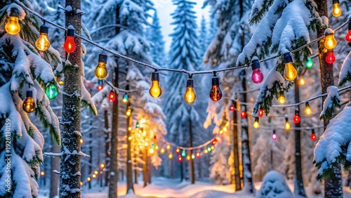 Wallpaper Mural Christmas Lights Hanging In A Snowy Forest Torontodigital.ca