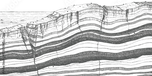 Vintage geological cross-section illustration showing sedimentary rock layers with faults and folds in a detailed black and white engraving vector