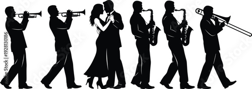 Jazz band musicians and dancing couple silhouettes collection trumpet saxophone trombone players black vector illustration isolated backgroundJazz band 
