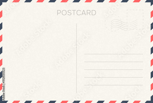Blank retro postcard template with stamps and address lines. Retro postcard design with stylish decorative frames and space for text. Minimalist postcard layout. Vector