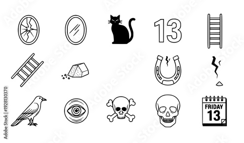 Bad Luck and Superstition Symbols Vector Set Black Outline Icons Isolated