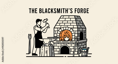 Blacksmith working at the forge with hammer and anvil.