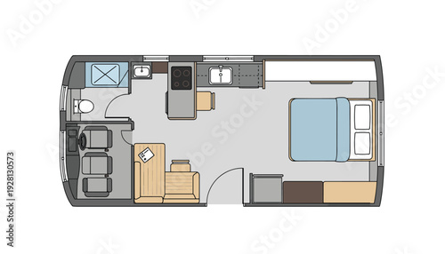 Cozy camper van interior layout with kitchenette and comfortable living space