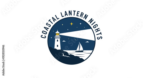 Coastal Lantern Nights Lighthouse Guiding Sailboat at Sea.