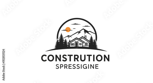 Construction Spressigine Logo with House, Mountains, and Trees.