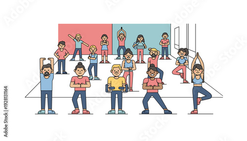 Diverse group of people exercising and stretching together in fitness class