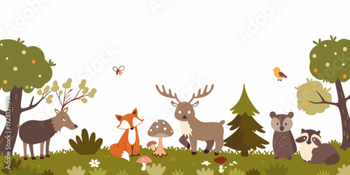 Whimsical forest scene featuring deer fox bear and other woodland creatures