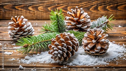 Wallpaper Mural Snow Covered Pine Cones On Wooden Background Torontodigital.ca