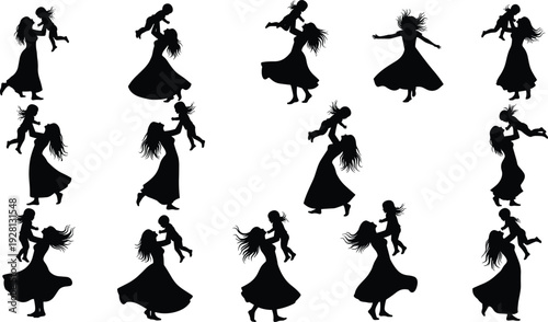 Mother and child silhouette set loving mom lifting daughter family bonding black vector illustration isolated background collection