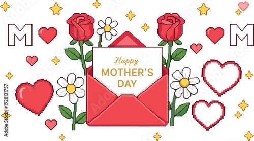 Happy Mother’s Day greeting vector illustration with envelope, roses, daisies, and hearts for festive holiday card design