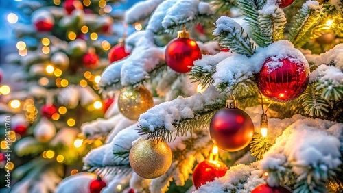 Wallpaper Mural Snowy Christmas Tree Close Up With Ornaments Torontodigital.ca