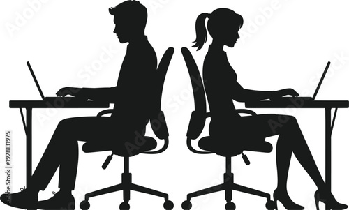 Silhouettes of a man and woman working on laptops at desks on white background couple business
