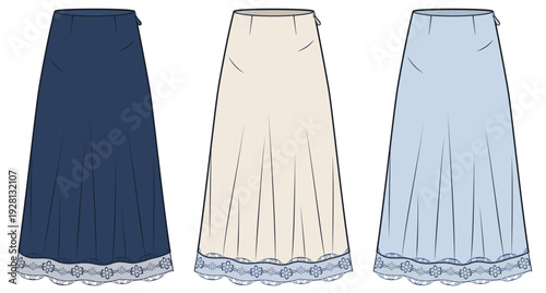 Women Midi Skirt set in navy blue, beige and light blue colors with lace trim, Technical Fashion Illustration, vector.