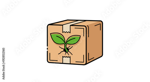 Cardboard Box with Green Sprouting Plant.