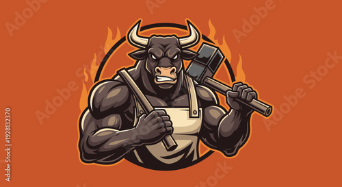 Strong muscular bull cartoon character with hammer.