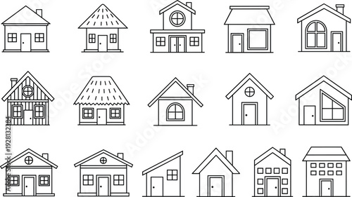 House outline icon collection with various home facade styles vector set for real estate, architecture, and property design
