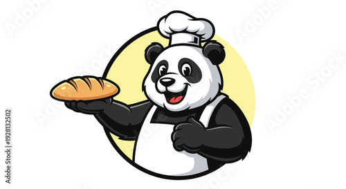 cartoon panda bear wearing chef hat and apron holding bread.