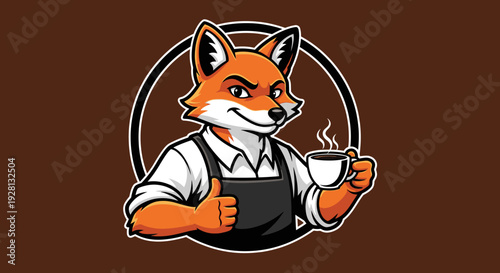 A confident cartoon fox barista wearing an apron, holding a steaming coffee cup and giving a thumbs-up gesture, set against a brown circular background.