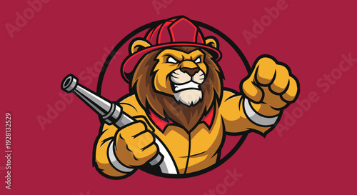 Cartoon lion mascot dressed as a firefighter, holding a hose nozzle, with a fierce expression, against a dark red background.
