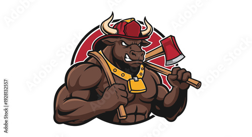 Muscular brown bull mascot wearing a firefighter helmet and holding two axes, with a red circular logo background.