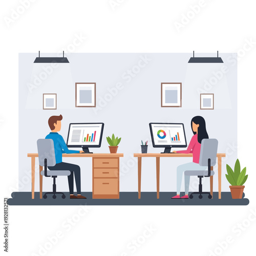 Office workers analyzing data on computers, modern workspace with charts and graphs