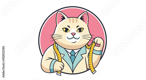 A professional-looking cartoon cat in a suit holding a measuring tape, depicted as a tailor or fashion designer mascot.