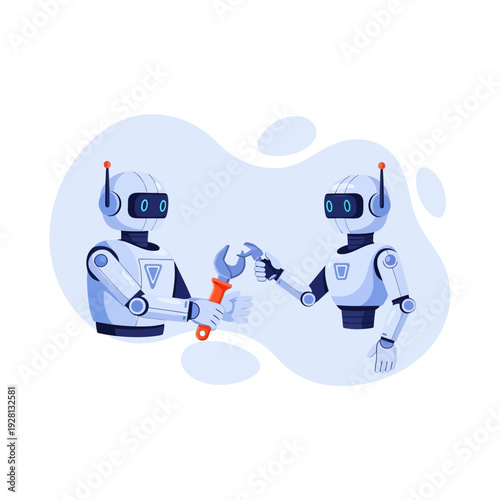 Robots collaborating, one handing a wrench to another, teamwork concept