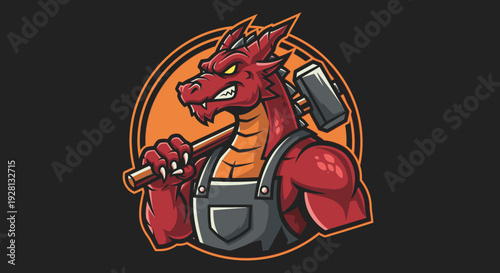 A muscular red dragon holding a hammer.