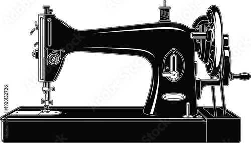 Vintage sewing machine silhouette retro tailoring equipment black vector illustration classic manual stitch device isolated background