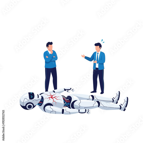 Broken robot lying on floor with two men discussing its damage
