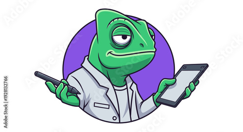 A cartoon illustration of a green chameleon wearing a lab coat, holding a stylus and a tablet, against a purple circle background.