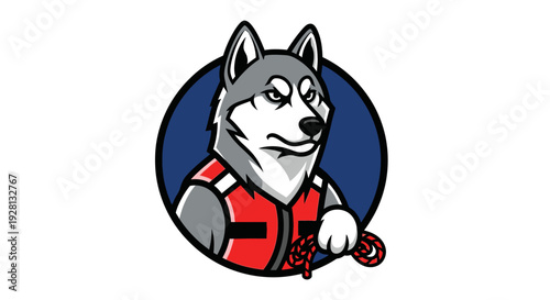 Cartoon husky dog mascot wearing a red life vest and holding a rope, set against a dark blue circular background.