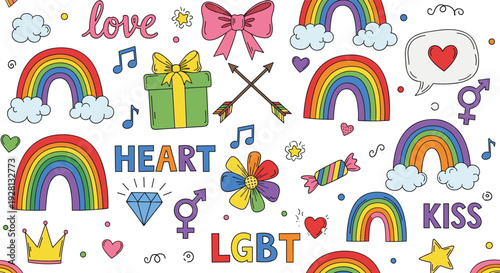 LGBT pride doodle vector set with rainbow, hearts, symbols, and love elements for equality, diversity, and inclusive design