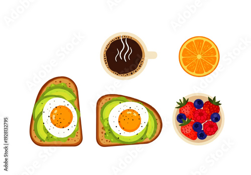 Avocado toast with egg and fruit.