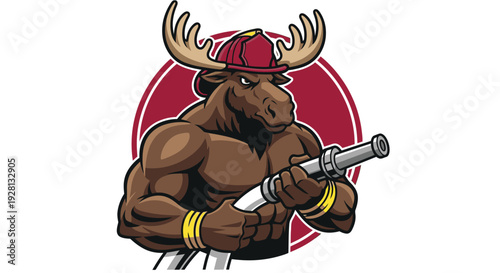 Muscular cartoon moose mascot wearing a firefighter helmet and holding a fire hose nozzle, ready for action.
