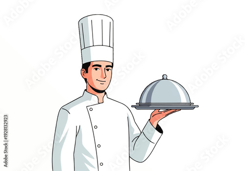 Chef holding silver serving dish.