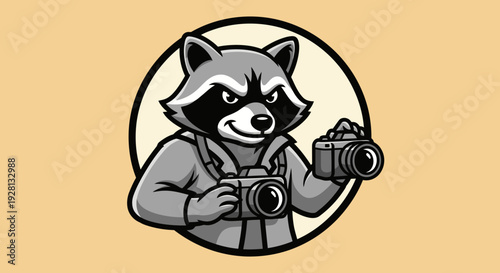 Mischievous cartoon raccoon mascot holding two cameras, ready for photography in a circular emblem.