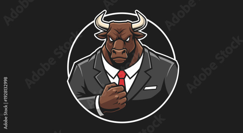 Powerful cartoon bull in a business suit and red tie, depicted as a strong and determined character, suitable for finance or corporate themes.
