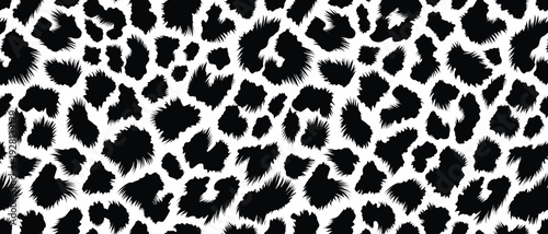 Dynamic black and white leopard fur pattern with overlapping spots, high contrast, texture, depth, and motion