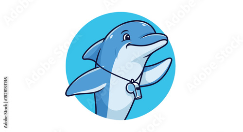 Friendly cartoon dolphin wearing a whistle and waving its fin, set against a vibrant blue circular background.
