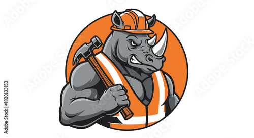 Muscular cartoon rhinoceros wearing a hard hat and safety vest, holding a hammer, set against an orange circle background.